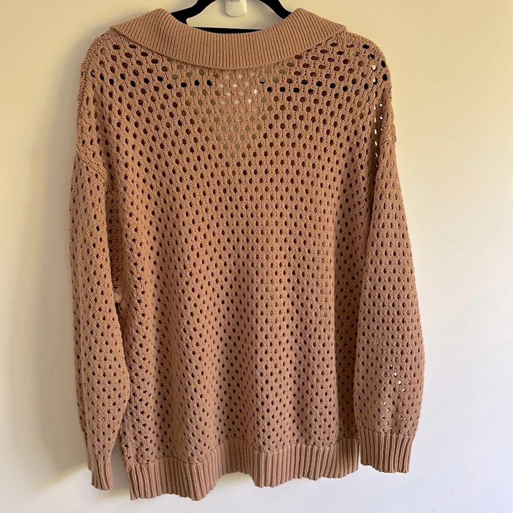 Aerie Cotton Knit Tan V-Neck Polo Sweater with Relaxed Fit Size Small - Picture 8 of 8